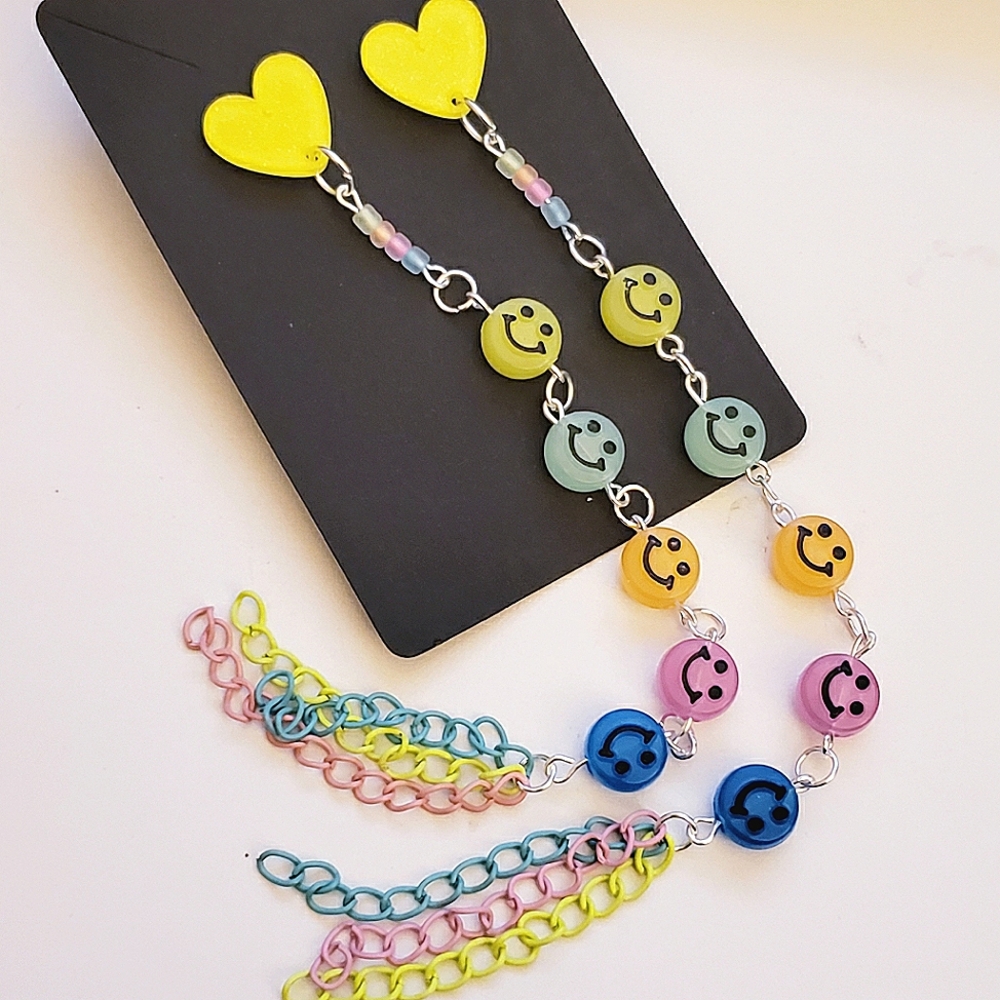 Handmade Long Chain Beaded UV Smiley Face Dangle Earrings
